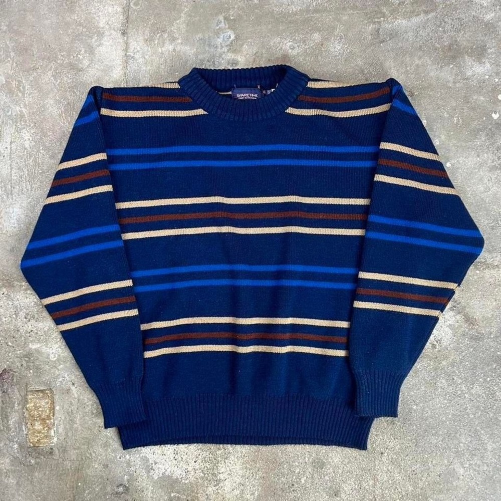 Vintage 90s Spare Time Striped Sweater Size Large Blue Tan Pullover Crewneck